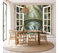 JEDTAKCT Photo Wallpaper 3D Effect Fantasy Forest Landscape Tropical Stone Bridge Lake Non-Woven Wallpaper Living Room Bedroom Green Wall Mural Uv Resistant Ready to Install 200X140Cm