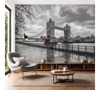 JEDTAKCT Photo Wallpaper 3D Effect London Double-Decker Bus Bridge Retro Streetscape Non-Woven Wallpaper Living Room Bedroom Black White Wall Mural Uv Resistant Ready to Install 450X315Cm
