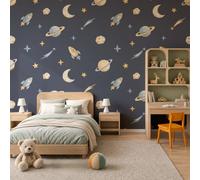 JEDTAKCT Photo Wallpaper 3D Effect Lovely Moon Stars | Simple Rocket Universe Non-Woven Wallpaper Living Room Bedroom Blue Wall Mural Uv Resistant Ready to Install 250X175Cm