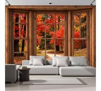 JEDTAKCT Photo Wallpaper 3D Effect Maple Forest Path Landscape Autumn Plants Non-Woven Wallpaper Living Room Bedroom Orange Color Wall Mural Uv Resistant Ready to Install 400X280Cm