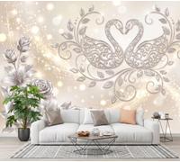 JEDTAKCT Photo Wallpaper 3D Effect Shining Star Swan | 3D Silver Rose Flower Waves Non-Woven Wallpaper Living Room Bedroom Beige Wall Mural Uv Resistant Ready to Install 250X175Cm