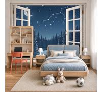 JEDTAKCT Photo Wallpaper 3D Effect Starry Sky Forest Window View Cartoon Starry Sky River Non-Woven Wallpaper Living Room Bedroom Dark Blue Wall Mural Uv Resistant Ready to Install 450X315Cm