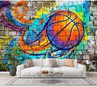 JEDTAKCT Photo Wallpaper 3D Effect Street-Style Pop Graffiti | Hand-Drawn Flame Basketball Non-Woven Wallpaper Living Room Bedroom Grey Wall Mural Uv Resistant Ready to Install 200X140Cm