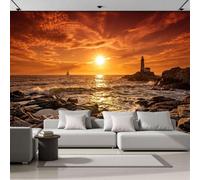 JEDTAKCT Photo Wallpaper 3D Effect Sunset Lighthouse Seascape Magnificent Rocky Waves Non-Woven Wallpaper Living Room Bedroom Orange Wall Mural Uv Resistant Ready to Install 300X210Cm
