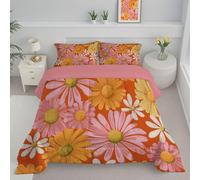 JEDTAKCT Pink And Orange King Duvet, Retro Daisy Quilt Ideal For Summer Autumn, Reversible Coverless Duvet With 70S Flower Poster, Lightweight Soft Comforter, 240X220Cm, Machine Washable
