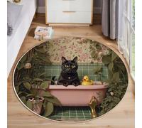 JEDTAKCT Pink Brown Round Rug 80 Cm Rugs For Entryway Bedroom Washable Circle Rug Non Slip Round Living Room Rugs Vintage Cat Bathtub Printed Faux Wool Tropical Plants Indoor Floor Carpet