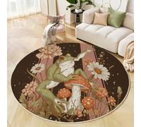 JEDTAKCT Pinkish-Brown Round Rug 80 Cm Rugs For Entryway Bedroom Washable Circle Rug Non Slip Round Living Room Rugs Vintage Mushroom Frog Printed Faux Wool Natural Flowers Indoor Floor Carpet