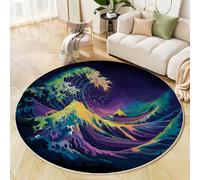 JEDTAKCT Psychedelic Waves Round Rugs Ø100 Cm Living Room Non Slip Round Area Rug Short Pile Japanese Landscape Bedroom Circle Carpet Washable Soft Floor Mat Rugs For Kids Room Decor, Turquoise