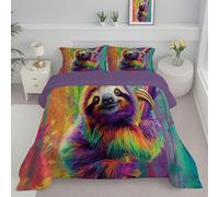 JEDTAKCT Purple Orange Double Duvet Rainbow Sloth Reversible Coverless Duvet All Seasons Quilt With Ink Animals Printed, Lightweight Soft Comforter Set With Pillowcase, Washable