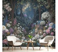 JEDTAKCT Rabbit Flowers Photo Wallpaper Mysterious Forest Wall Mural Silk Wall Decor Dark Green Art Poster Picture Design Mural Wallpaper for Living Room Bedroom Dorm Décor 250X175Cm