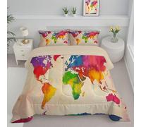 JEDTAKCT Rainbow Map Coverless Duvet Double 4.5 Tog, Watercolor World Map Reversible Comforter With Pillowcases, 200X200Cm Quilt Lightweight Warm All Season 200Gsm Filling, Cream