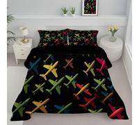 JEDTAKCT Rainbow Plane Double Duvet, Fantasy Starry Sky Reversible Coverless Duvet, Soft Warm All Seasons Comforter Washable Microfiber Quilt With Pillowcases, 200X200Cm, Black And Green