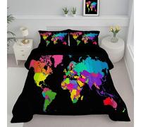 JEDTAKCT Rainbow World Map Coverless Duvet Double 4.5 Tog, Modern Aesthetics Reversible Comforter With Pillowcases, 200X200Cm Quilt Lightweight Warm All Season 200Gsm Filling, Black