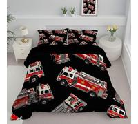 JEDTAKCT Red And Black Single Duvet, 3D Modern Fire Truck Quilt Ideal For Summer Autumn, Reversible Coverless Duvet With Fun Poster, Lightweight Soft Comforter, 140X200Cm, Machine Washable