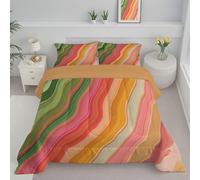 JEDTAKCT Red And Green Double Duvet, Rainbow Stripes Quilt Ideal For Summer Autumn, Reversible Coverless Duvet With Oil Painting Marble, Lightweight Soft Comforter, 200X200Cm, Machine Washable