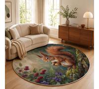 JEDTAKCT Retro Forest Animals Low Pile Circle Rug Living Room 80 Cm | Modern Area Rugs, Machine Washable Bedside Rugs, Non-Slip Carpet, Squirrel Berries Plants Printed, Dark Cyan