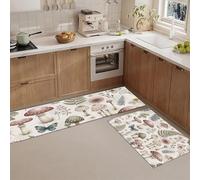 JEDTAKCT Retro Mushroom Flowers Kitchen Rugs Set Of 2 Non Slip Kitchen Mats For Floor Washable Comfort Standing Mats For Office Home, White Brown Plant Illustration Hallway Decor, 20"X30"+20"X59"