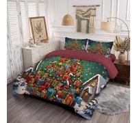 JEDTAKCT Retro Night Sky Christmas Tree Reversible Coverless Duvet King 7.5 Tog | Dark Green Fun Gift Pile Quilt Comforter Set Soft Lightweight Warm All Seasons Washable 240X220Cm Bedding Set