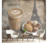JEDTAKCT Retro Paris Theme 3D Wallpaper, Brown French Coffee Desserts Wall Mural for Living Room Bedroom Lounge, Modern Photo Silk Wallpaper Mural Decorative Wall Art 300X210Cm