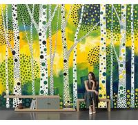 JEDTAKCT Retro Polka Dot Birch Forest Background Wall Mural - 350X256Cm Abstract Plants Photo Wallpaper for Bedroom Living Room Playroom Teen Room, 3D Panoramic Custom Wallpaper Wall Art, Green