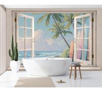 JEDTAKCT Retro Seaside Poster Wallpaper - Tropical Surfboards Beaches Wall Mural 200X140Cm (W X H), Light Blue Premium Non-Woven Photo Wallpaper Mural for Bedroom, Living Room, Hallway, Home Decor