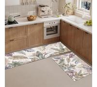 JEDTAKCT Retro Tropical Plants Kitchen Rug Set, 2 Pcs Non Slip Kitchen Floor Mat | Realistic Monstera Palm Leaves Anti Fatigue Rug Sets, White Washable Hallways Runner Carpet For Office Decoration