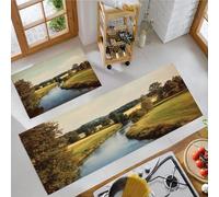 JEDTAKCT River Country Kitchen Carpet Runners Olive Green Non Slip Washable Kitchen Rug Set Absorbent Landscape Postcard Low Pile Floor Mat For Bedroom Entrance Laundry Room, 44X75Cm+44X120Cm