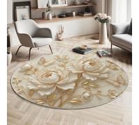 JEDTAKCT Rococo Rose Relief Kids Round Rug, Luxurious Botanicals Washable Circle Rugs Soft For Boys Girls Children Bedroom Playroom Living Room, Soft Low Pile Round Carpets 180 Cm Beige White