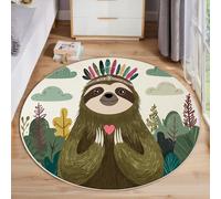 JEDTAKCT Round Area Rug, 120 Cm Olive Green Soft Circle Carpet, Non Slip Hallway Floor Mat, Machine Washable Sloth Forest Rugs, Cartoon Animals Pattern Round Rug For Living Room Bedroom