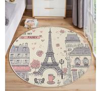 JEDTAKCT Round Area Rug, 200 Cm Beige Soft Circle Carpet, Non Slip Hallway Floor Mat, Machine Washable Cute Cafe Eiffel Tower Rugs, Hand Drawn Paris Pattern Round Rug For Living Room Bedroom