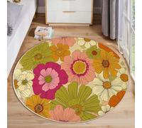 JEDTAKCT Round Area Rug, 60 Cm Olive Green Soft Circle Carpet, Non Slip Hallway Floor Mat, Machine Washable Retro Flowers Rugs, Y2K Style Poster Pattern Round Rug For Living Room Bedroom
