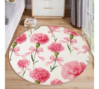 JEDTAKCT Round Area Rug, 60 Cm Pink Soft Circle Carpet, Non Slip Hallway Floor Mat, Machine Washable Carnation With Bow Rugs, Watercolor Floral Pattern Round Rug For Living Room Bedroom