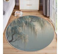 JEDTAKCT Round Chinese-Style Willow Tree Rug, Lake Landscape Area Rugs For Living Room, Blue-Gray Washable Non Slip Circle Rugs, Short Pile Floor Carpet For Bedroom Small Rug For Easy Care 80 Cm