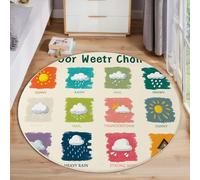 JEDTAKCT Round Hand Drawn Weather Chart Rug, Modern Poster Area Rugs For Living Room, Beige Washable Non Slip Circle Rugs, Short Pile Floor Carpet For Bedroom Small Rug For Easy Care 100 Cm
