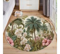 JEDTAKCT Round Palm Grove Rug, Tropical Flowers Area Rugs For Living Room, Olive Green Washable Non Slip Circle Rugs, Short Pile Floor Carpet For Bedroom Small Rug For Easy Care 200 Cm