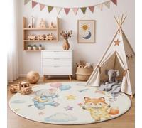 JEDTAKCT Round Rug 180 Cm, Cute Play Animals Washable Area Rug | Non-Slip, Cream Low Pile Non-Shedding, Watercolor Elephant Fox Stars Circle Floor Carpets For Living Room, Bedroom, Nursery
