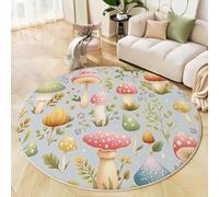 JEDTAKCT Round Rug For Living Room 120 Cm, Cute Mushroom Forest Rug Washable Non-Slip Low Pile Circle Carpet, Cartoon Plant Soft Circle Rugs For Bedroom, Boho Rugs Entryway, Light Blue