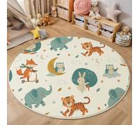 JEDTAKCT Round Rugs For Living Room 160 Cm, Soft Washable Cute Rabbit Tiger Elephant Area Rugs For Lounge, Animal Illustrations Short Pile Non-Slip Rug For Kids Room Bedside Bedroom, Cream Color