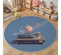 JEDTAKCT Round Rugs For Living Room 60 Cm, Soft Washable Fun Planet Record Player Area Rugs For Lounge, Minimalist Illustration Short Pile Non-Slip Rug For Kids Room Bedside Bedroom, Navy Blue