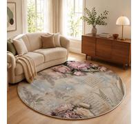 JEDTAKCT Round Rugs For Living Room, Washable Rug 80 Cm Grey | French Botanical Collage Non-Slip Rugs, Peony Flower Letter Circle Area Carpets Coffee Table, Dining Room, Bedroom Home Decor