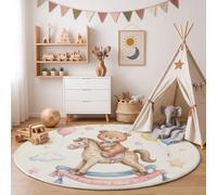 JEDTAKCT Round Rugs Living Room 160 Cm, Soft Washable Circle Rug, Cream | Cute Play Animals Non Slip Carpet Rug, Rocking Horse Balloon Teddy Bear Low Pile Circular Area Carpet For Kids Room, Dining