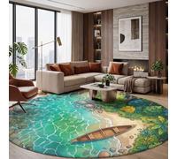 JEDTAKCT Round Rugs Living Room 180 Cm, Soft Washable Circle Rug, Blue | Cartoon Lakeside Landscape Non Slip Carpet Rug, Rocks Wooden Boats Forest Low Pile Circular Area Carpet For Kids Room, Dining