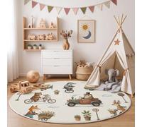 JEDTAKCT Round Rugs Living Room 80 Cm, Soft Washable Circle Rug, White | Medieval Animal Theme Non Slip Carpet Rug, Owl Fox Car Low Pile Circular Area Carpet For Kids Room, Dining