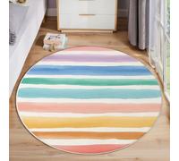 JEDTAKCT Round Watercolor Stripes Rug, Simple Rainbow Area Rugs For Living Room, Blue And Pink Washable Non Slip Circle Rugs, Short Pile Floor Carpet For Bedroom Small Rug For Easy Care 160 Cm