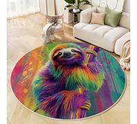 JEDTAKCT Rugs Living Room Round 160 Cm Cute Sloth Ink Animal Orange Green Washable Circle Area Rugs Bedroom Carpet Round Short Pile 6Mm Thin Anti Slip For Dining Room Hallway