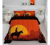 JEDTAKCT Rust Orange Double Duvet Sunset Cowboy Reversible Coverless Duvet All Seasons Quilt With Western Desert Printed, Lightweight Soft Comforter Set With Pillowcase, Washable