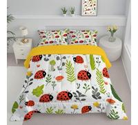 JEDTAKCT Sage Green King Duvet Cartoon Ladybug Reversible Coverless Duvet All Seasons Quilt With Simple Plants Printed, Lightweight Soft Comforter Set With Pillowcase, Washable