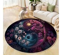 JEDTAKCT Sakura Full Moon Round Rugs Ø200 Cm Living Room Non Slip Round Area Rug Short Pile Fantasy Yin And Yang Bedroom Circle Carpet Washable Soft Floor Mat Rugs For Kids Room Decor, Powder Blue