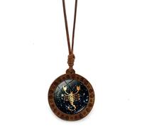 JEDTAKCT Scorpio Zodiac Constellations Necklace For Women Men - Twelve Constellations Vintage Brown Wax Rope Necklace, Aquarius Gemini Time Gem Wooden Pendant Sweater Chain,Scorpio,42,82Cm