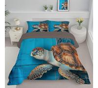 JEDTAKCT Sea Turtle Fishing Net Super King Duvet Reversible Coverless Duvet, Soft All Seasons Comforter Royal Blue Machine Washable Microfiber Quilt With Pillowcases, 260X230Cm Seaside Animals